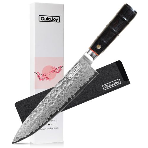 Qulajoy Japanese Chef Knife 8 Inch,67 Layers Damascus VG-10 Steel Core,Professional Hammered Kitchen Knife,Handcrafted With Ergonomic Bamboo Shape Han