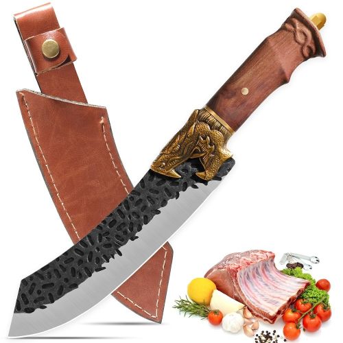 Qulajoy Boning Knife - Hand Forged Camping Knife 7Cr17MOV Blade - Dragon Head Handle And Leather Sheath - Unique Dragon Style - Viking Knife For Hunti